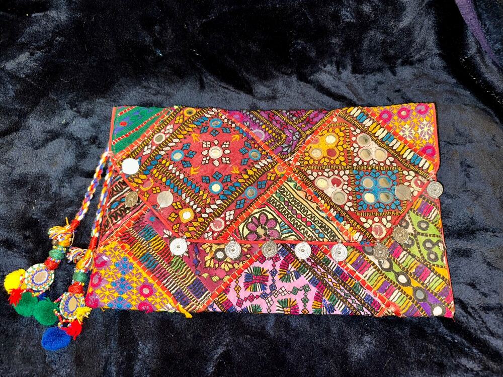 VINTAGE BANJARA CLUTCH ENVELOPE BAG MIRRORS & POM POM TASSELS & COINS